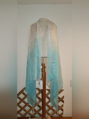 White Waves Sheer Ombre Star Scarf - Aqua to White with Gold Stars